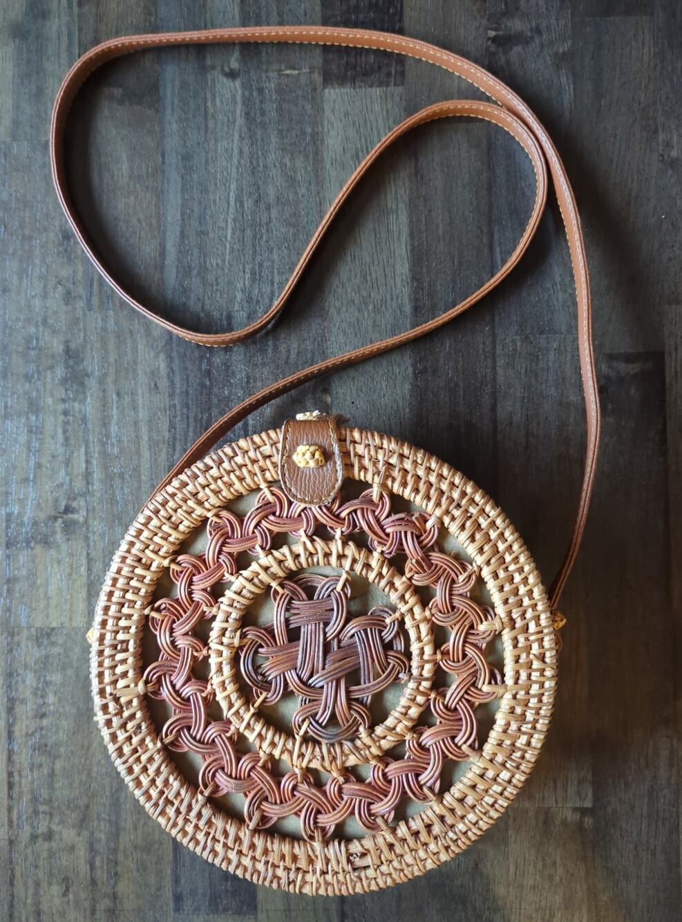 Round Rattan Straw Crossbody Canteen Beach Purse Boho Handmade Natural Tan 8x3"